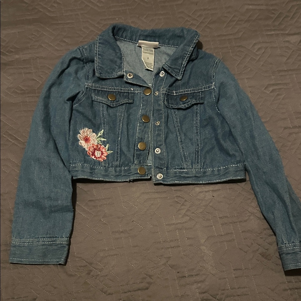Little Lass Blue Jean Jacket with Floral Embroidery
